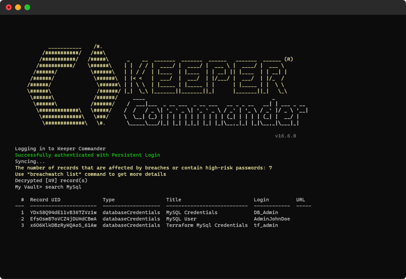 Schermata della riga di comando di Keeper