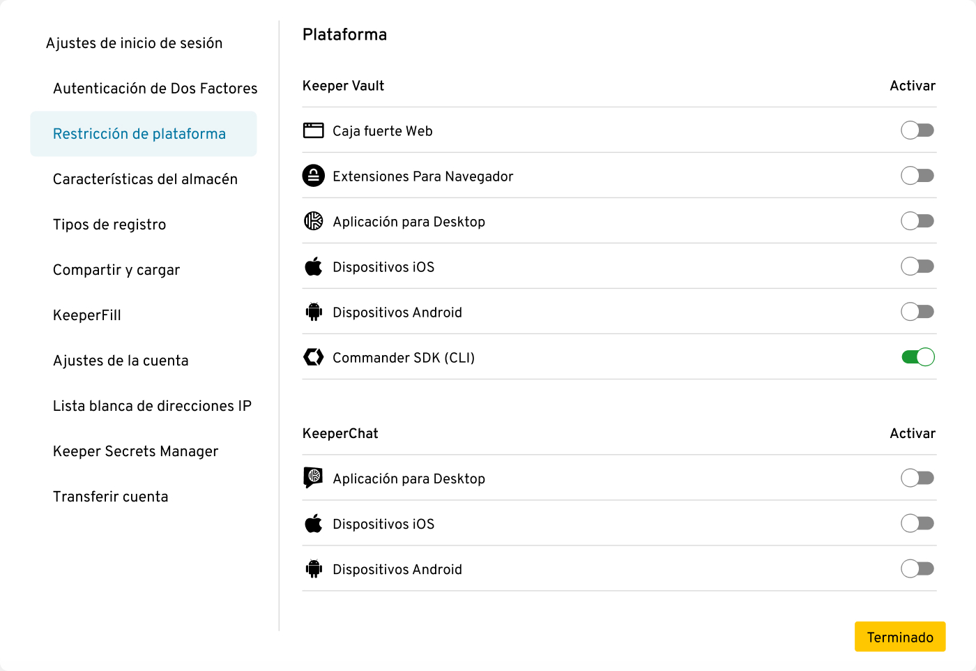 Plataforma UI de Keeper Commander