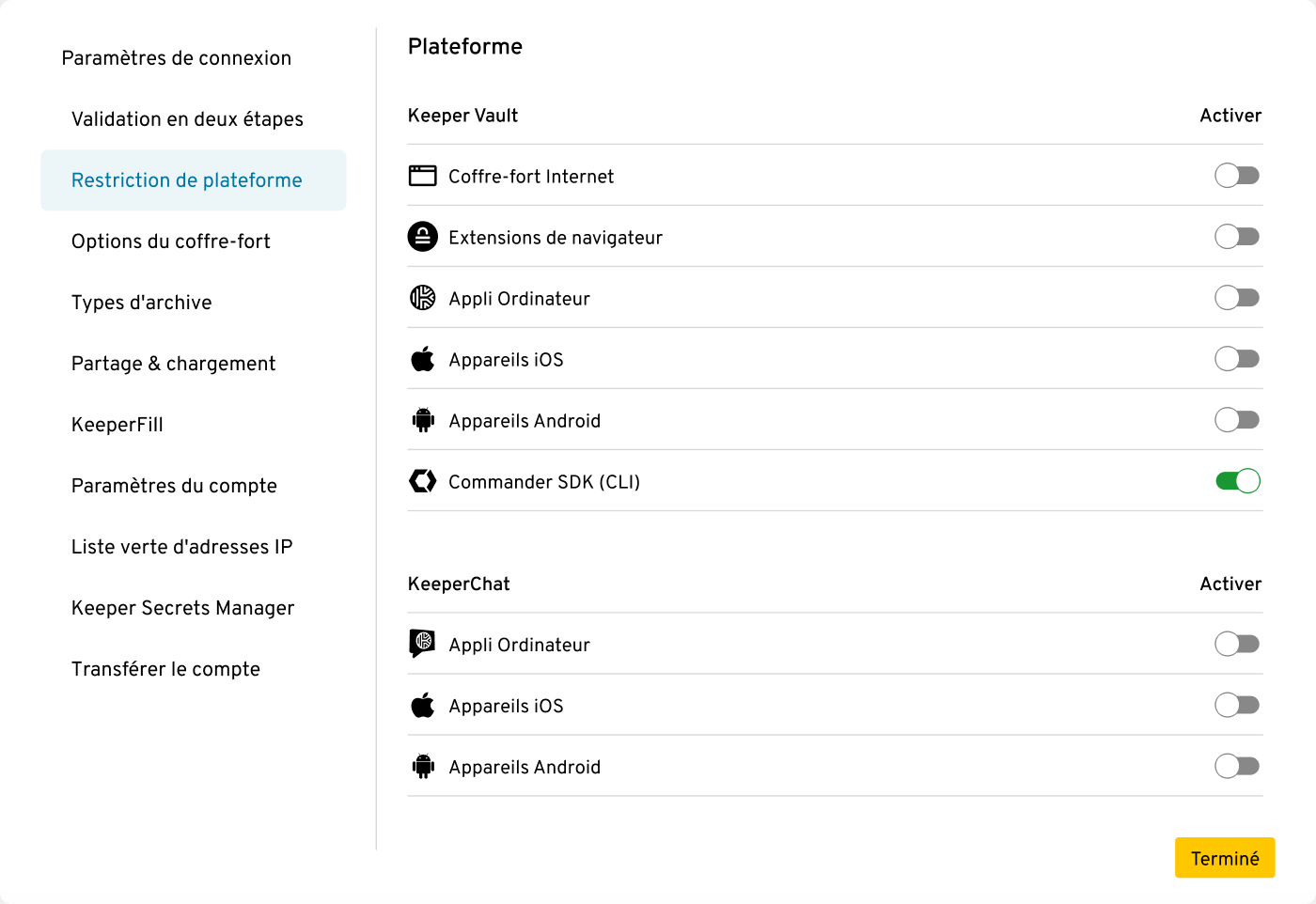 Plateforme de l'interface de Keeper Commander