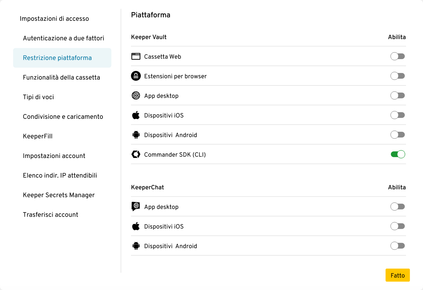 Piattaforma IU di Keeper Commander