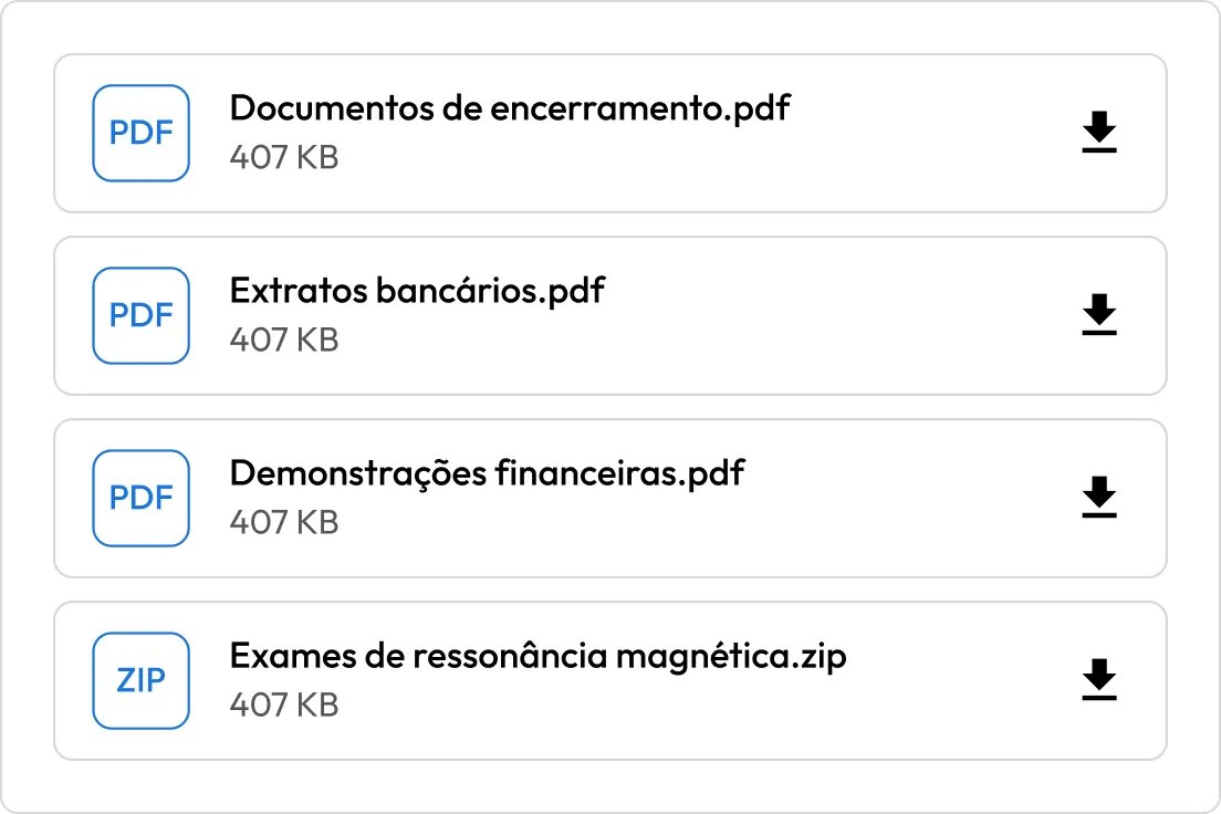 Solicitação de arquivo do Keeper exibindo anexos em PDF e ZIP disponíveis para download.