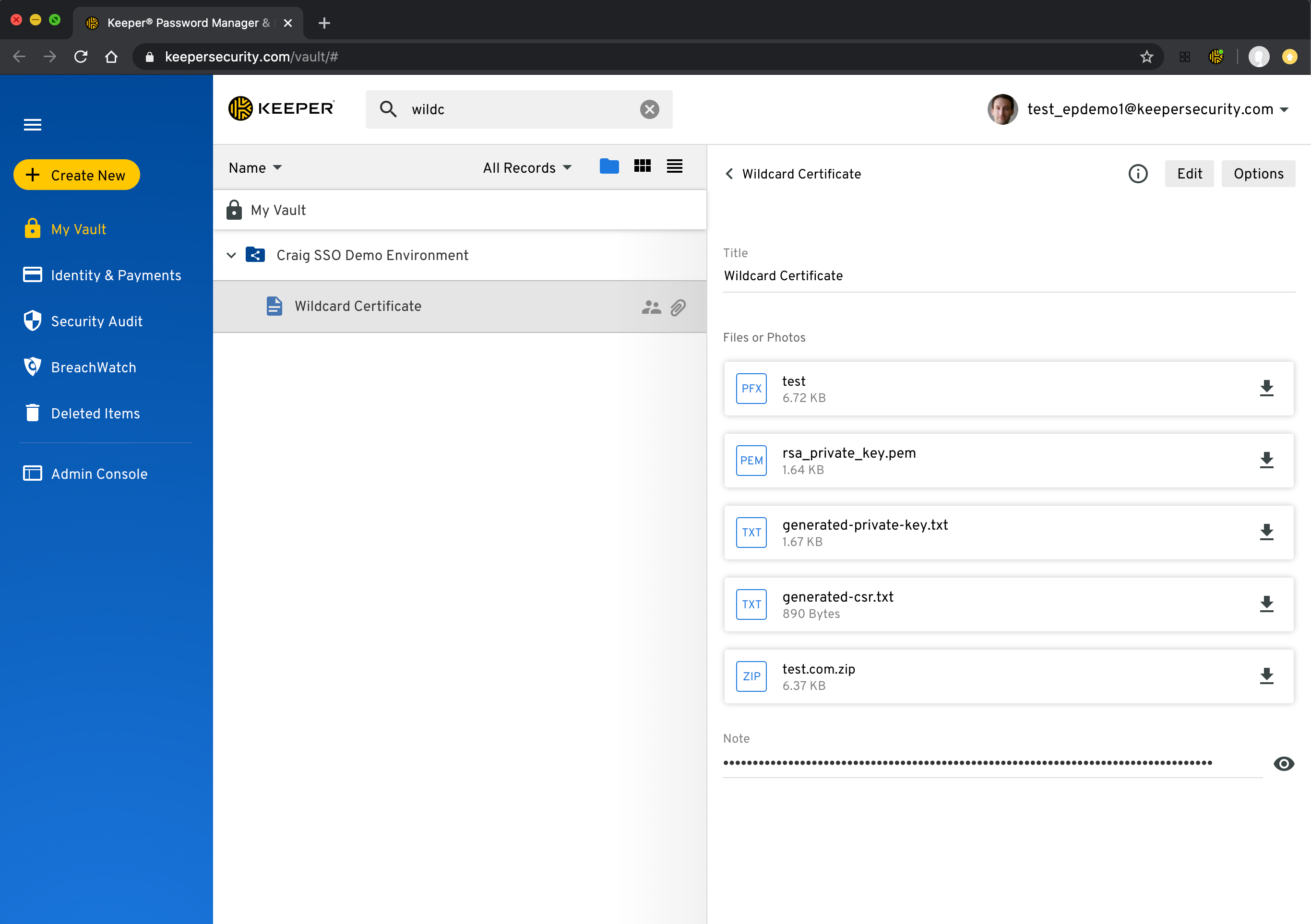 Screenshot showing how Secure File Storage can store certificates.