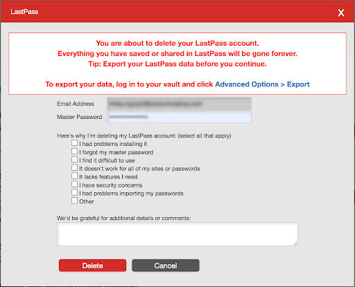 LastPass form for deleting an account with a master password.
