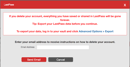 LastPass form for deleting an account without a master password.