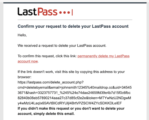 Confirmation email from LastPass about deleting an account.