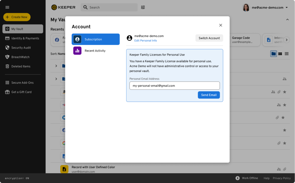 Zrzut ekranu pokazujący, gdzie użytkownicy biznesowi mogą wprowadzić swój osobisty adres e-mail, aby utworzyć konto osobiste.