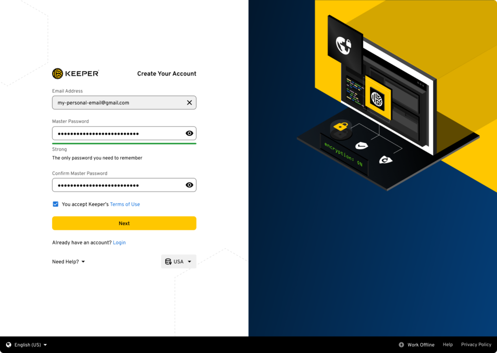 Screenshot showing where users begin creating their account and master password.