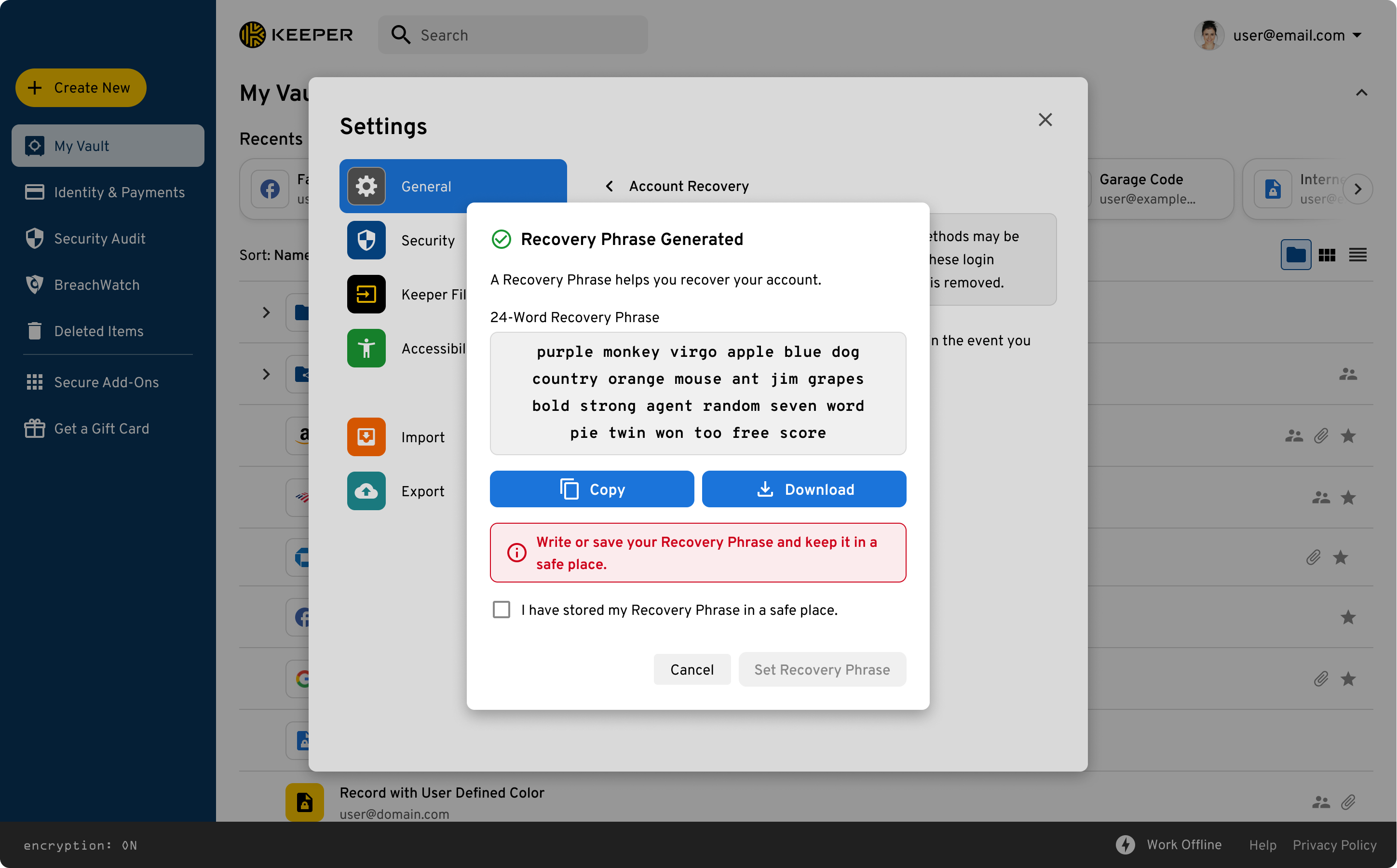 Screenshot showing how it looks when a recovery phrase is generated.
