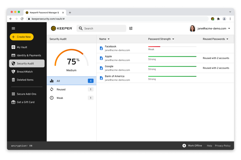 Screenshot showing how Keeper Password Manager alerts users of weak and reused passwords.