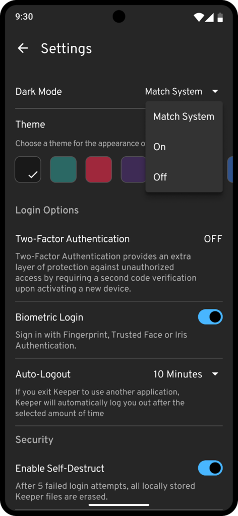 Screenshot showing where the option to enable dark mode is on the Keeper Android application. 