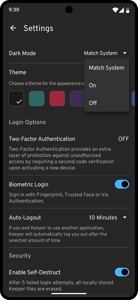 Captura de tela mostrando onde a opção para habilitar o modo escuro está localizada no aplicativo Keeper para Android. 