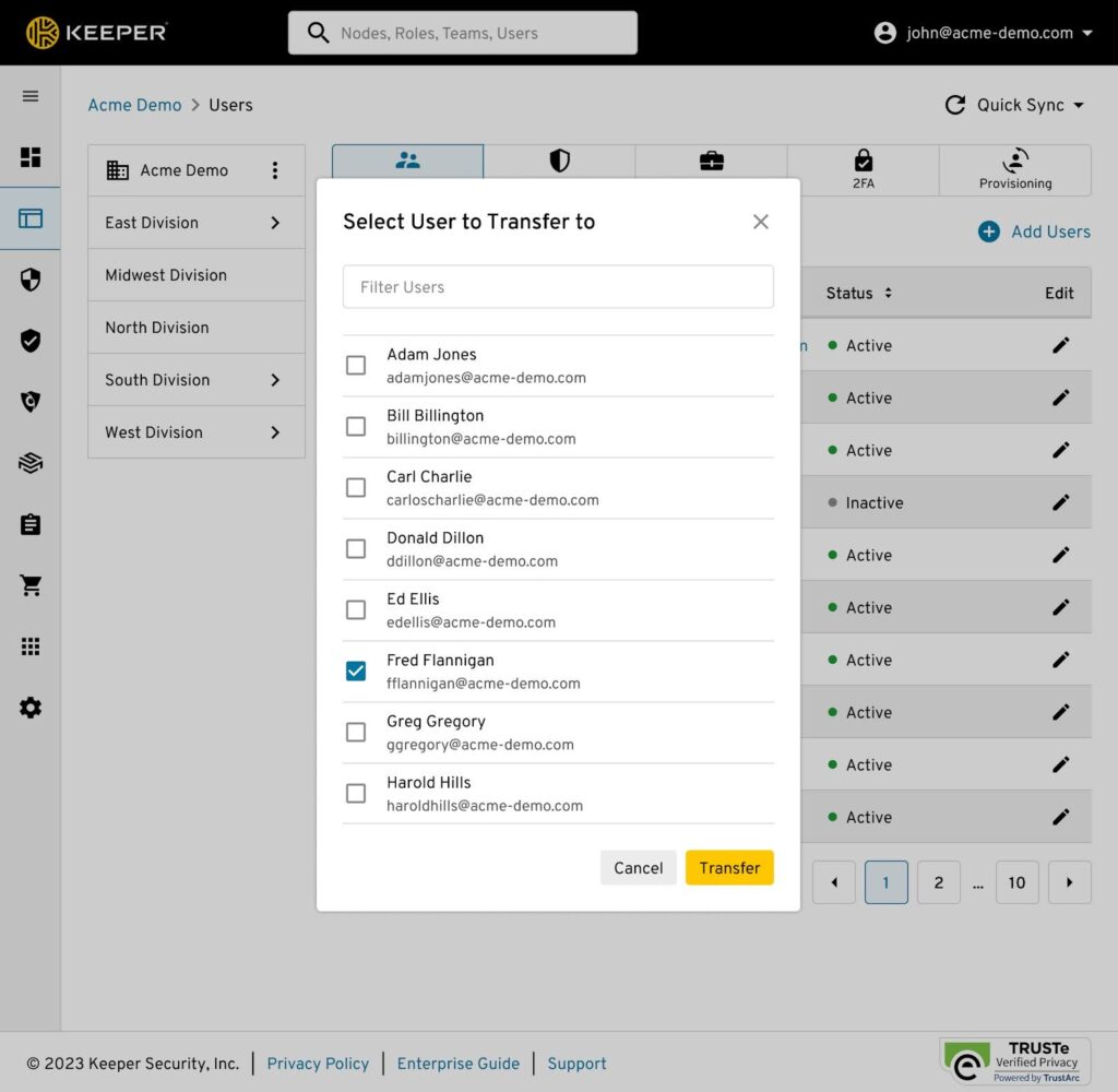 Screenshot showing how it looks when choosing a new user to transfer the account to. 