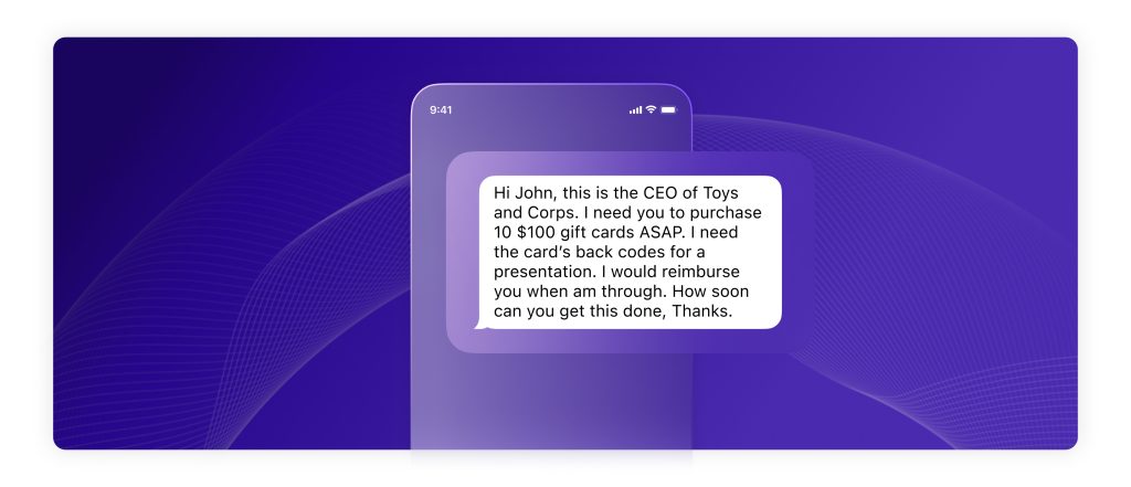 Imagem mostrando um exemplo de uma mensagem de texto falsa alegando ser o presidente da sua empresa.