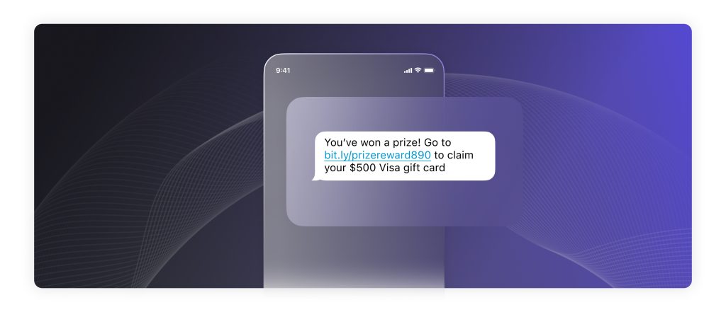 Abbildung zeigt ein Beispiel für eine gefälschte Textnachricht, in der behauptet wird, dass Sie einen Geldpreis gewonnen haben. 