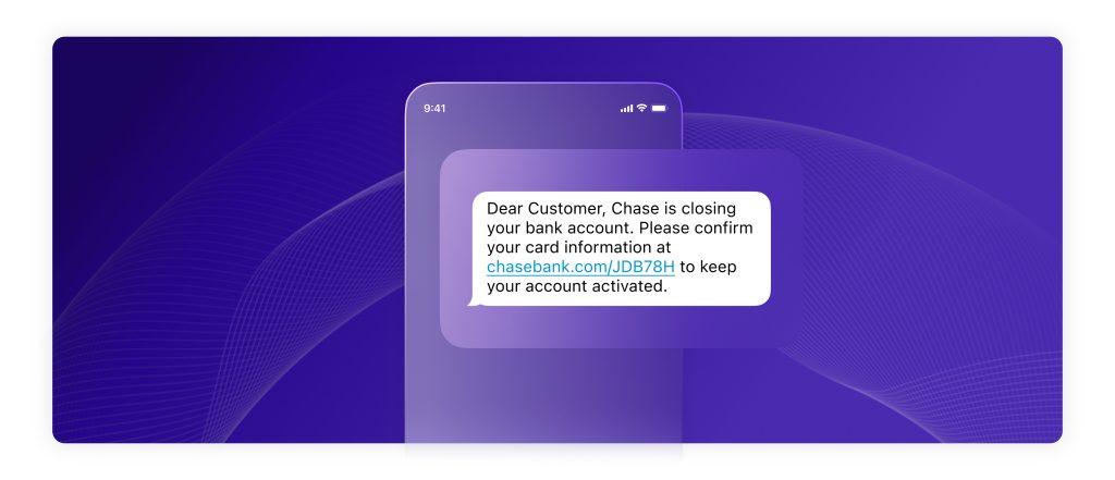 Imagen que muestra un ejemplo de un mensaje de texto falso en el que un banco afirma que va a cerrar su cuenta si no proporciona cierta información. 