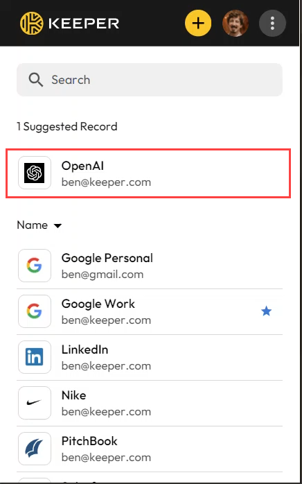 Screenshot showing how the Keeper's updated browser extension makes finding records easier.