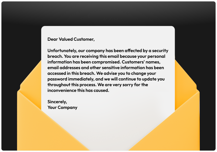 Graphic showing an email notification that a customer might receive if their personal information has been compromised in a data breach