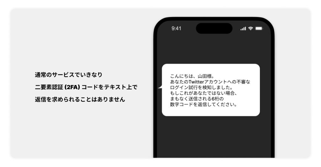 詐欺師と2FAコードを共有させようと仕向けるフィッシング攻撃の例を示した画像