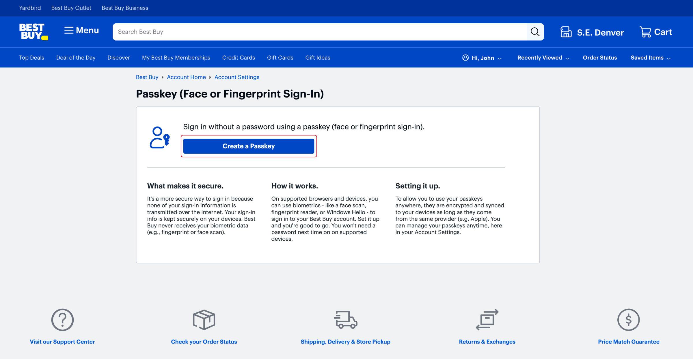 Best Buy Passkey settings page with the “Create a Passkey” button highlighted.
