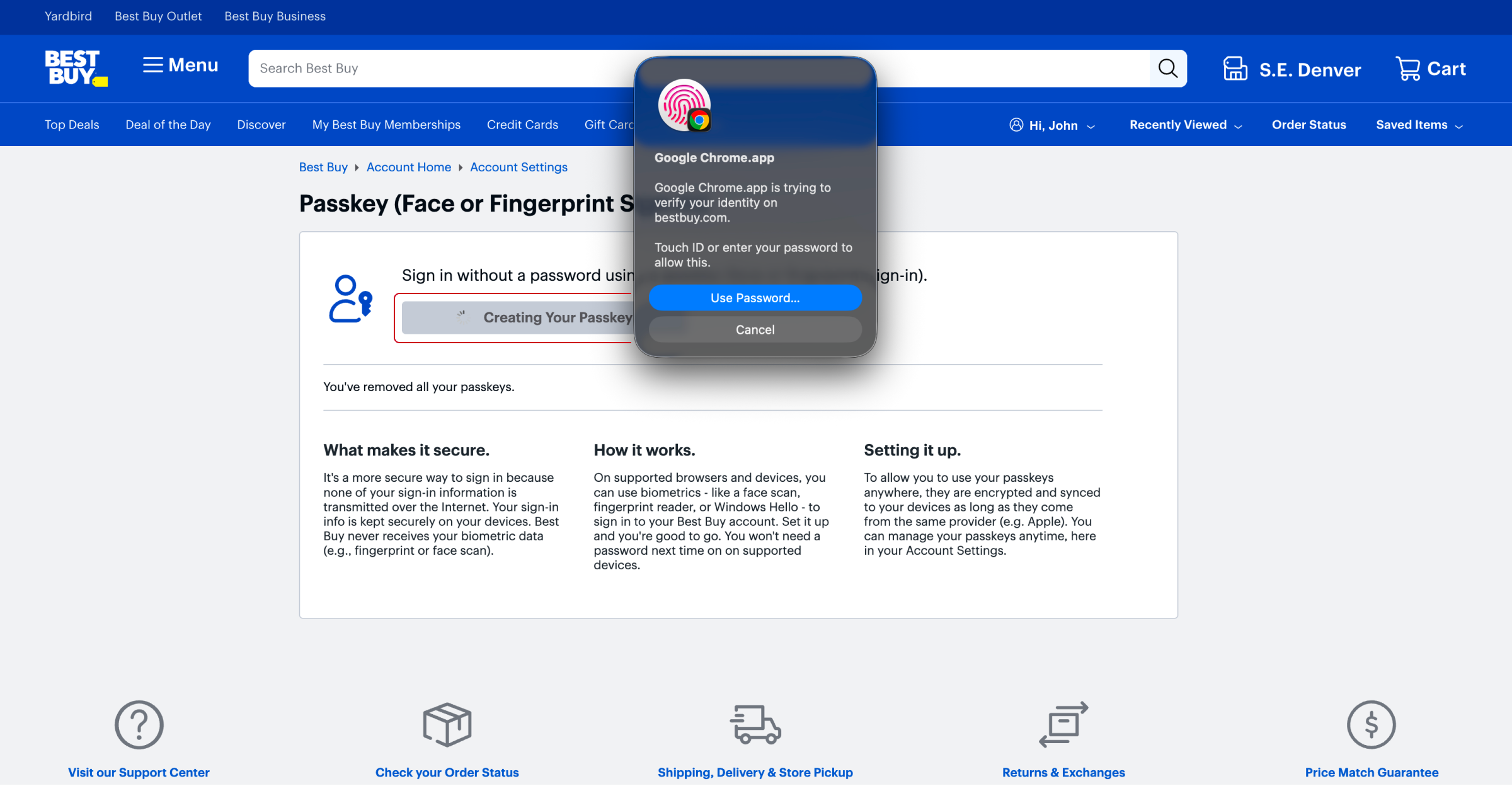 macOS prompt asking to verify identity (Touch ID or password) while creating a passkey in Chrome.