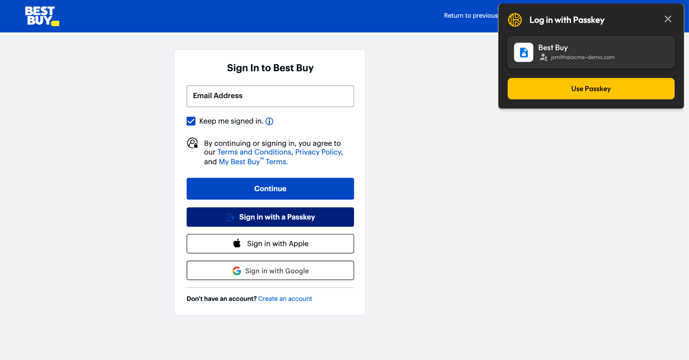 Best Buy sign-in page with “Sign in with a Passkey” and a Keeper “Log in with Passkey” pop-up showing “Use Passkey.”