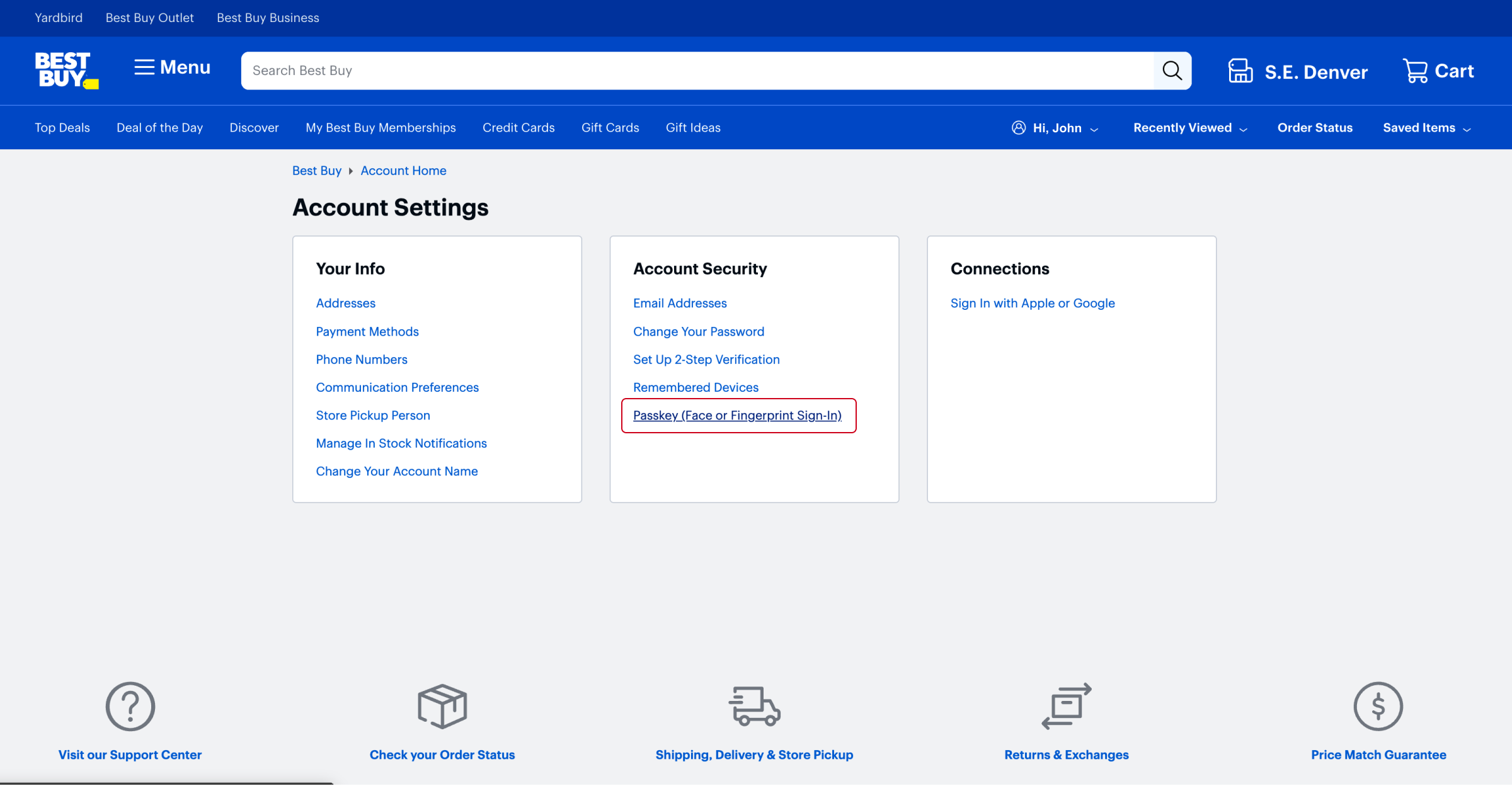 Best Buy Account Settings page highlighting the “Passkey (Face or Fingerprint Sign-In)” option.
