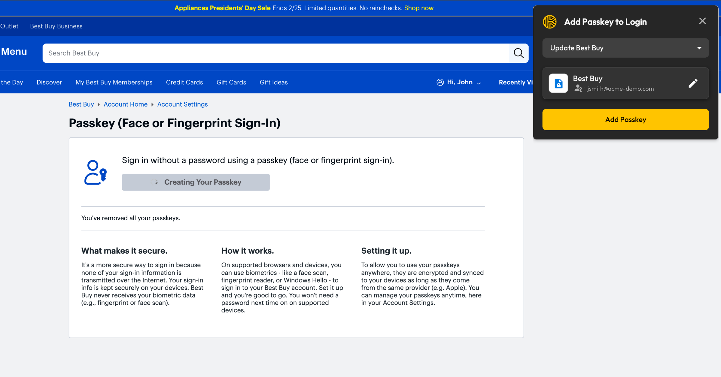 Keeper “Add Passkey to Login” window for Best Buy with an “Add Passkey” button.