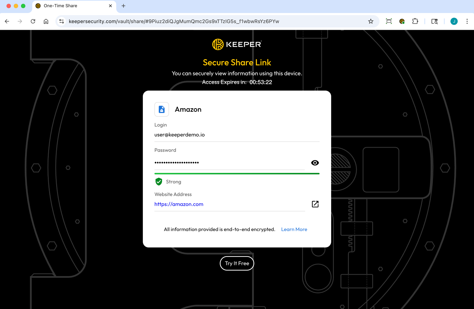 Keeper Secure Share Link page showing an Amazon login record with a countdown timer and masked password.