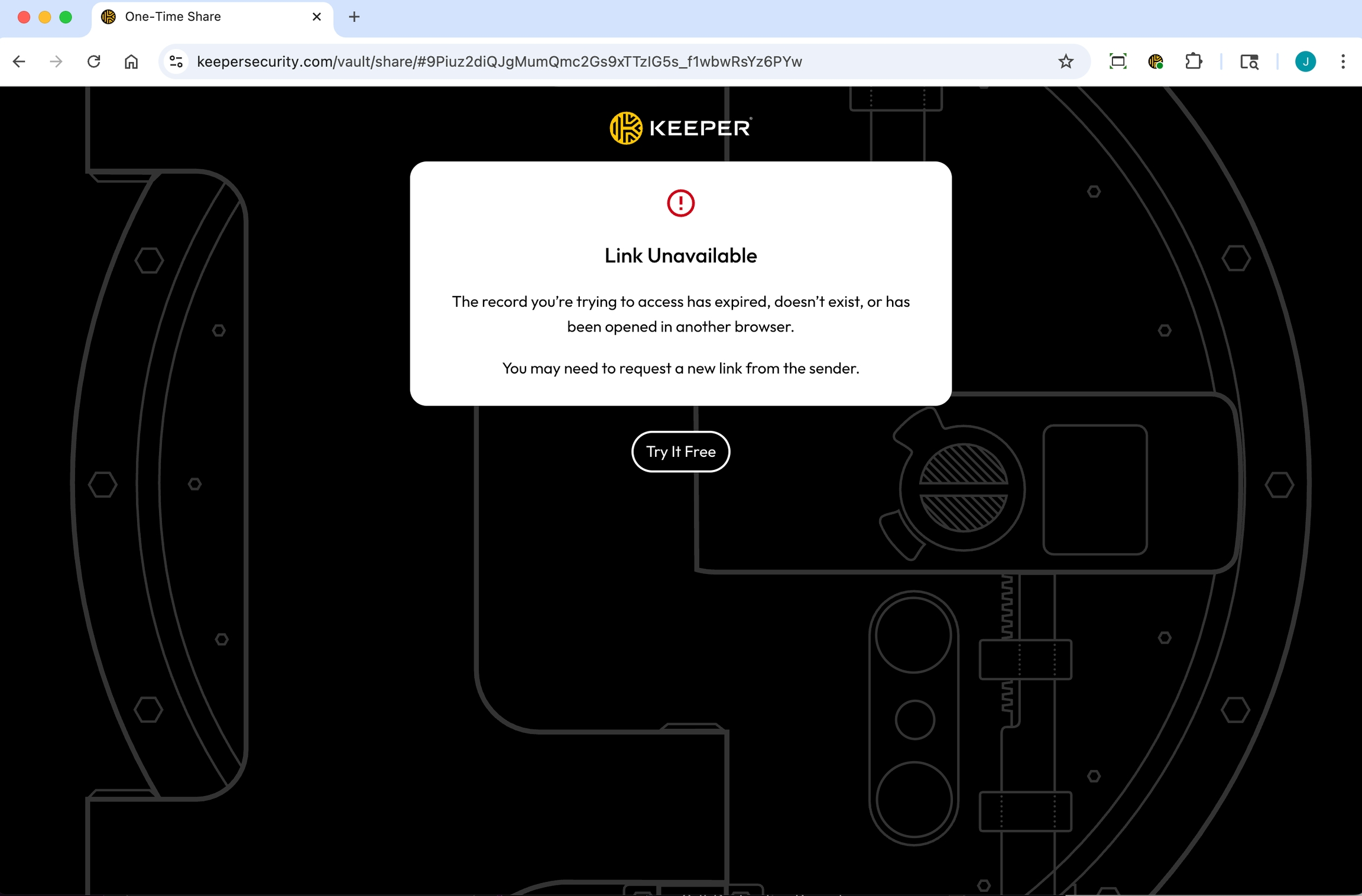 Keeper One-Time Share page showing a “Link Unavailable” message stating the record expired, doesn’t exist, or was opened in another browser.