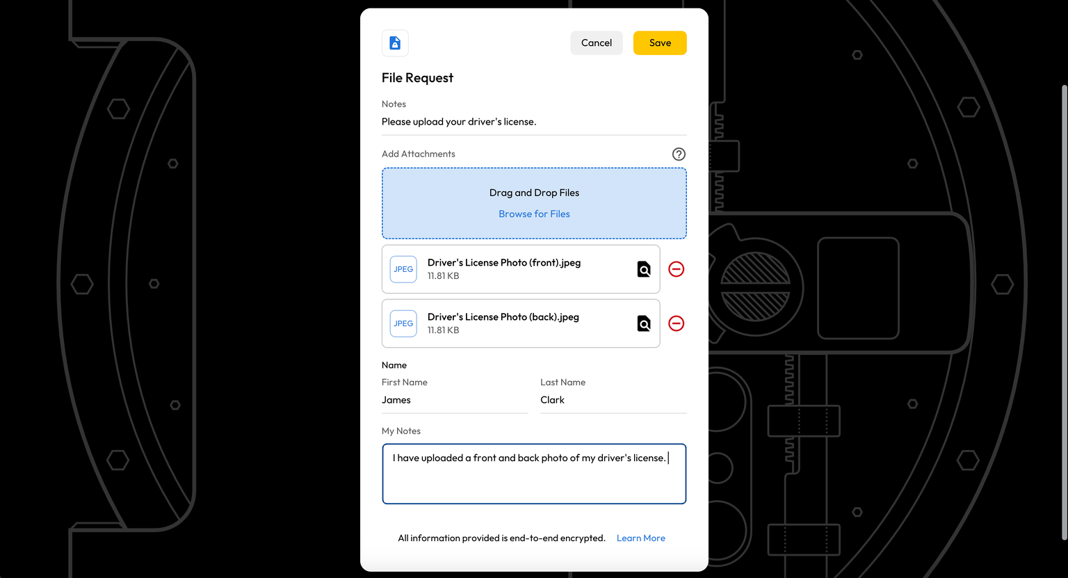 Keeper File Request form with two JPEG driver’s license attachments uploaded (front and back), name fields filled, and a notes box, plus Cancel and Save buttons.