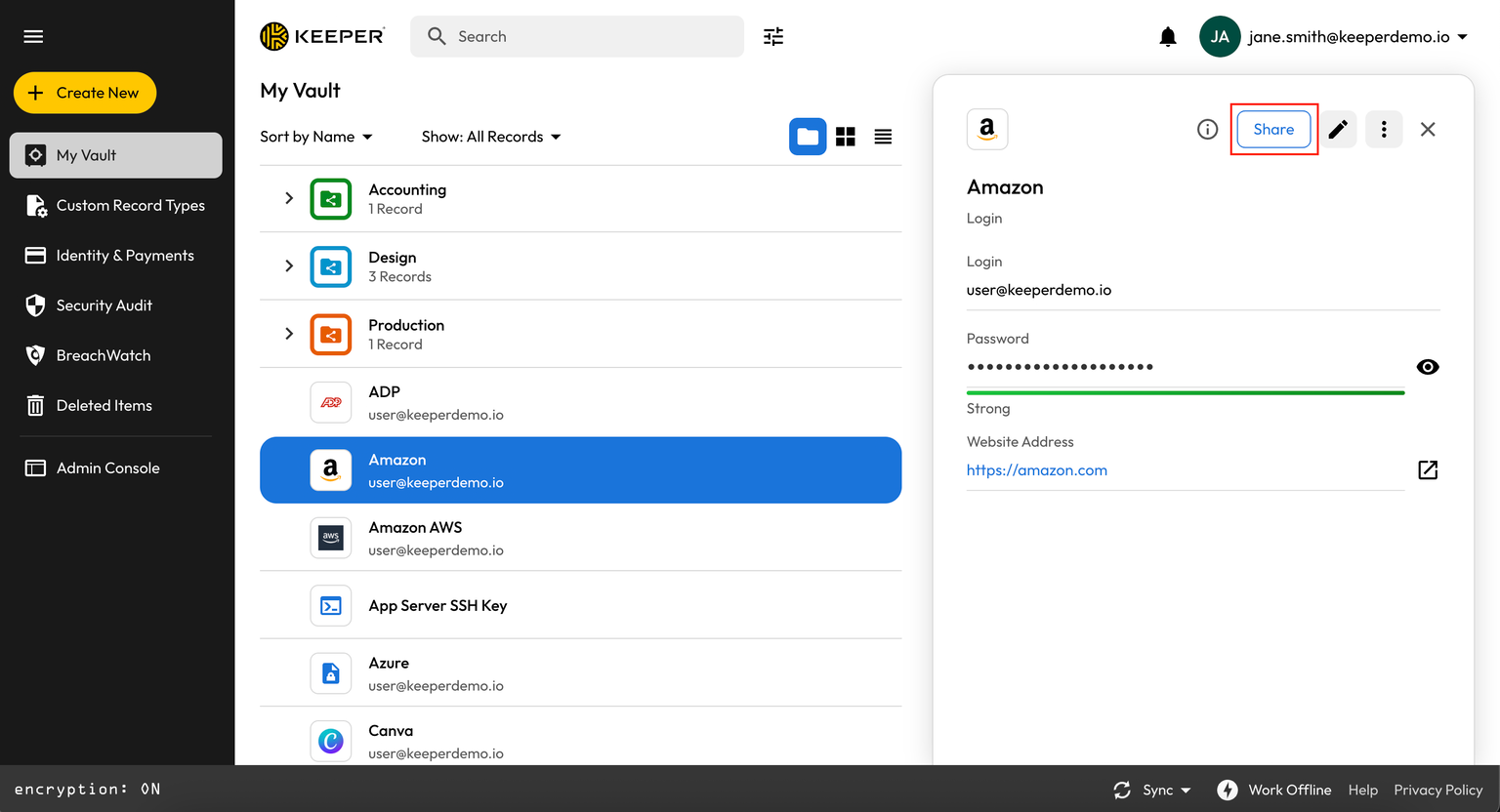 Keeper vault with an Amazon record selected; the Share button in the record details panel is highlighted.