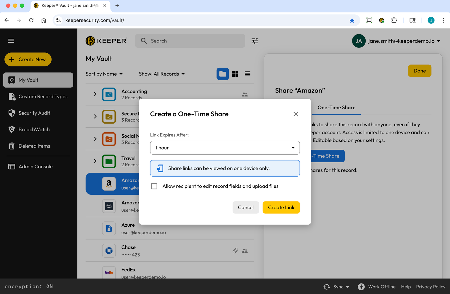 “Create a One-Time Share” window for an Amazon record with a 1-hour expiration, an option to allow edits/uploads, and a “Create Link” button.