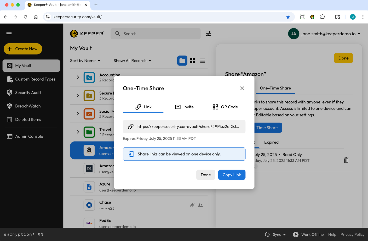 Keeper vault showing the One-Time Share dialog for an Amazon record with a share link, expiration date, and a “Copy Link” button.